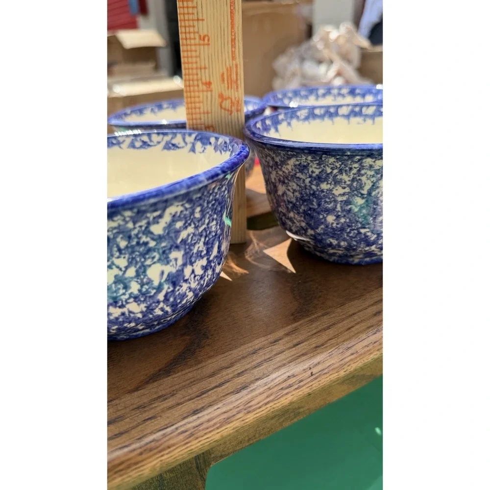 Set of 4 Blue Spongeware Farm Animal Bowls Rustic Pottery Cups‎